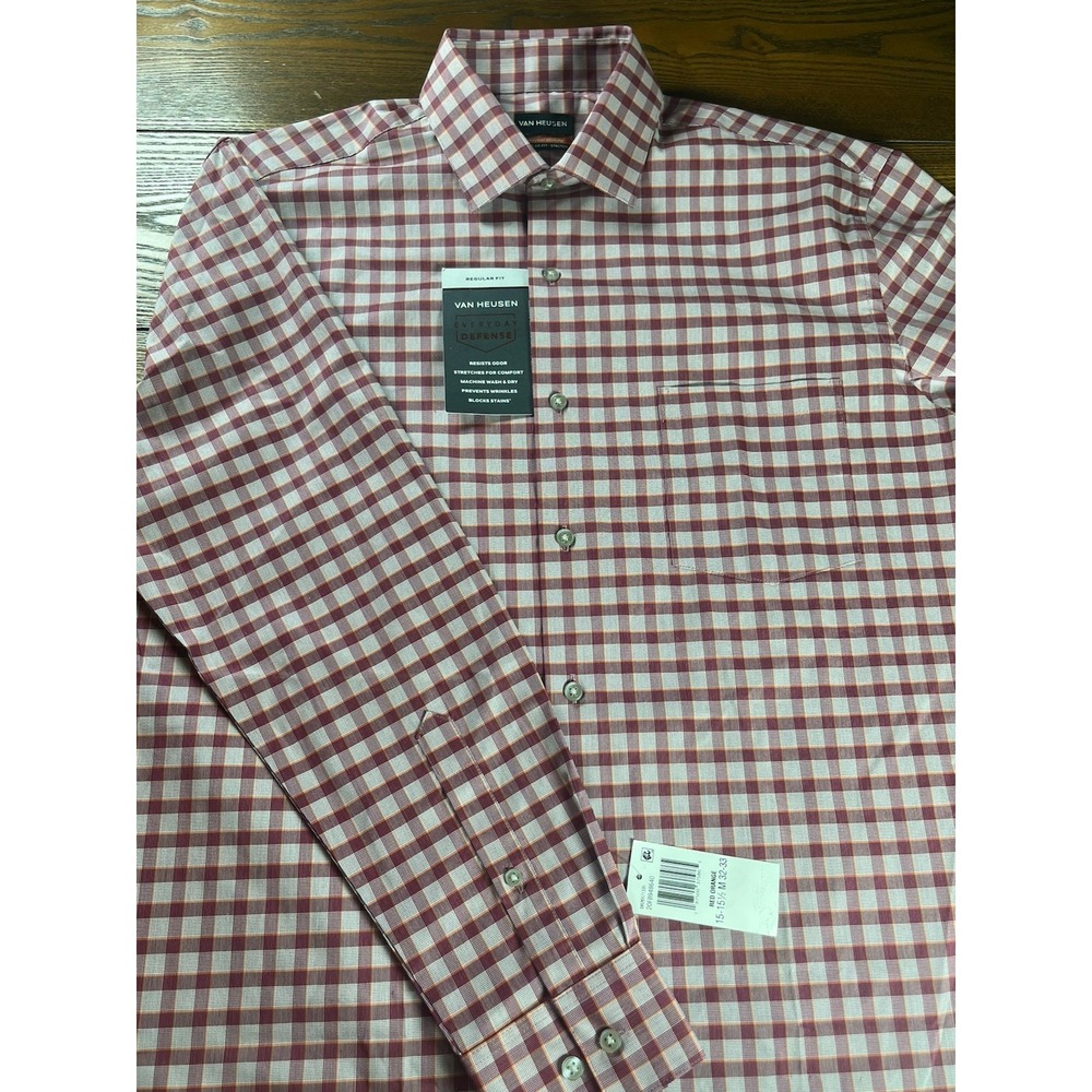 Van Heusen Mens Red Orange Plaid Check Button Shirt 15-15.5 32-33 Regular Fit